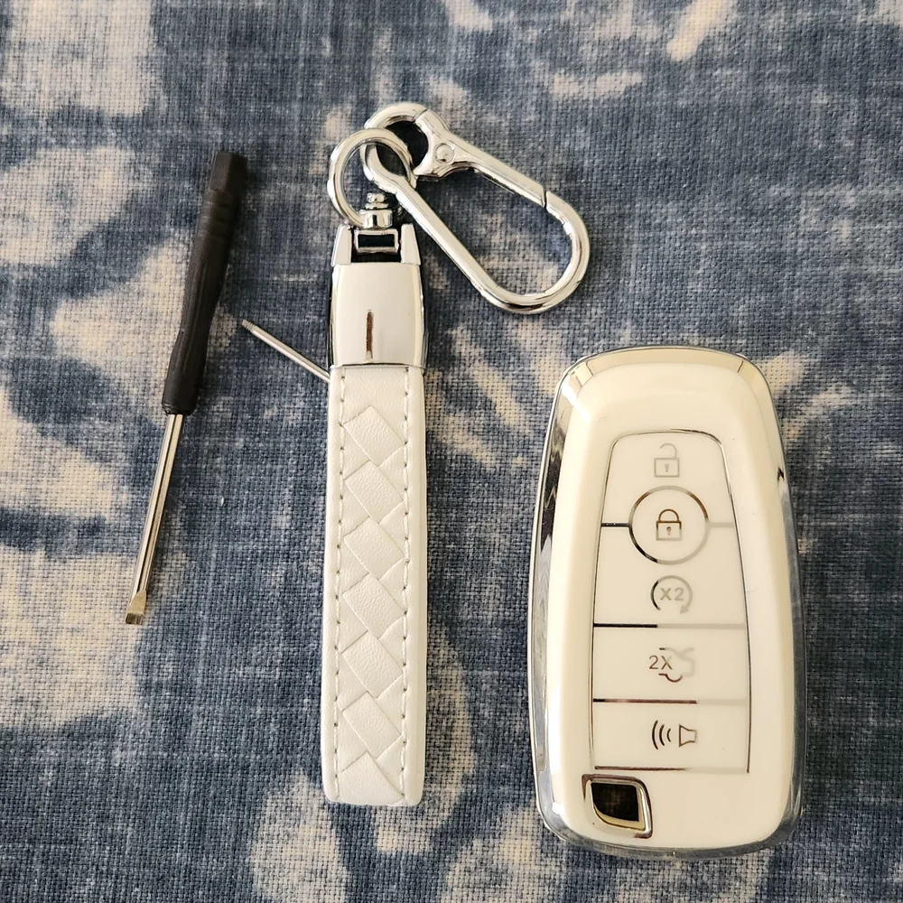 Elegant Cream Key Fob Cover with Strap For FORD Fusion, Escape, Explorer, F150